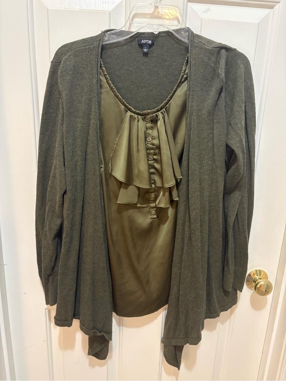Apt. 9 Olive Layered Cardigan with Ruffle Blouse